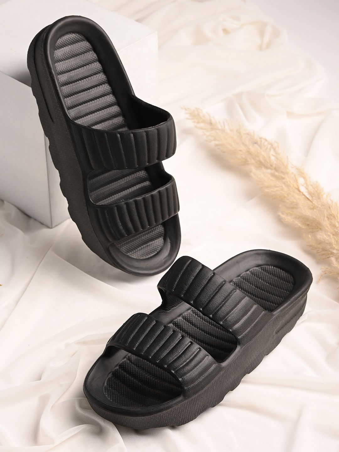Shoetopia Women Black Solid Synthetic Sliders Price in India