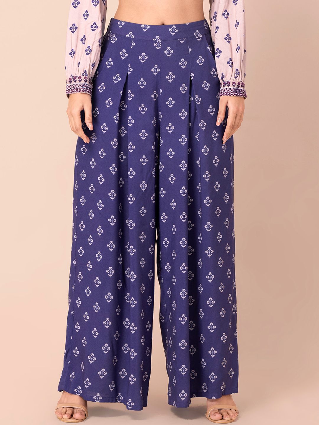 INDYA Women Blue & Purple Ethnic Motifs Printed Flared Pleated Palazzo Pants Price in India