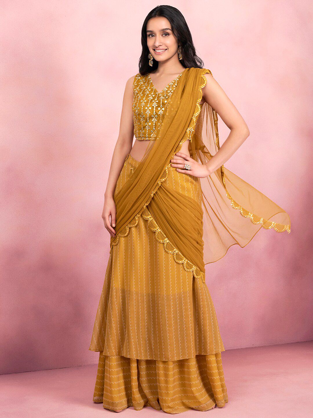 INDYA Yellow Bandhani Printed Pre Draped Zari Saree
