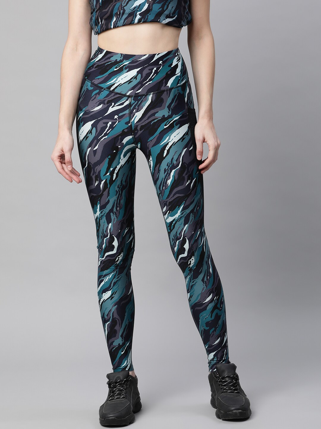Marks & Spencer Women Teal & Black Camouflage Printed Go Train Gym Tights Price in India