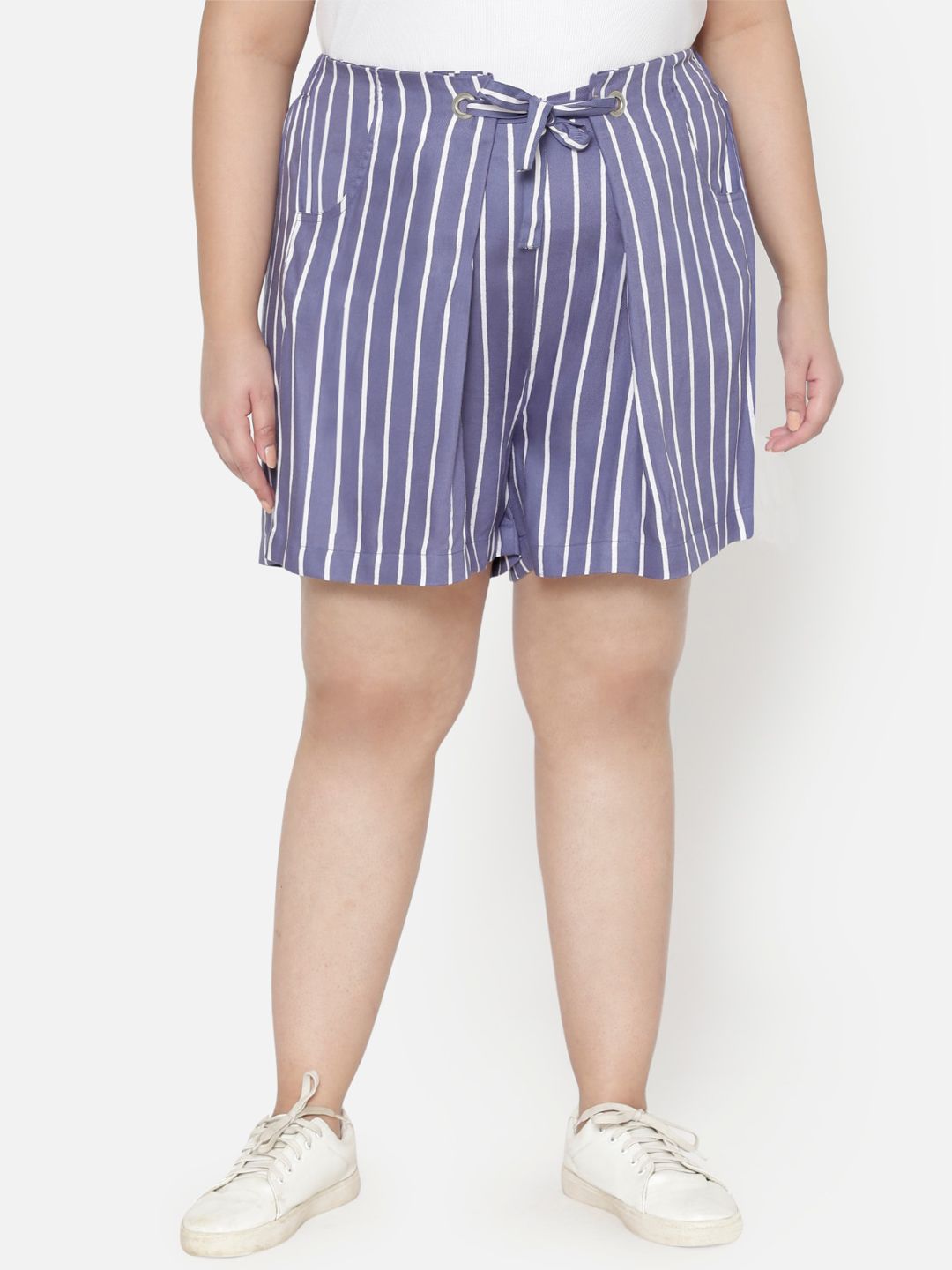 wild U Women Blue Plus Size Striped Loose Fit High-Rise Shorts