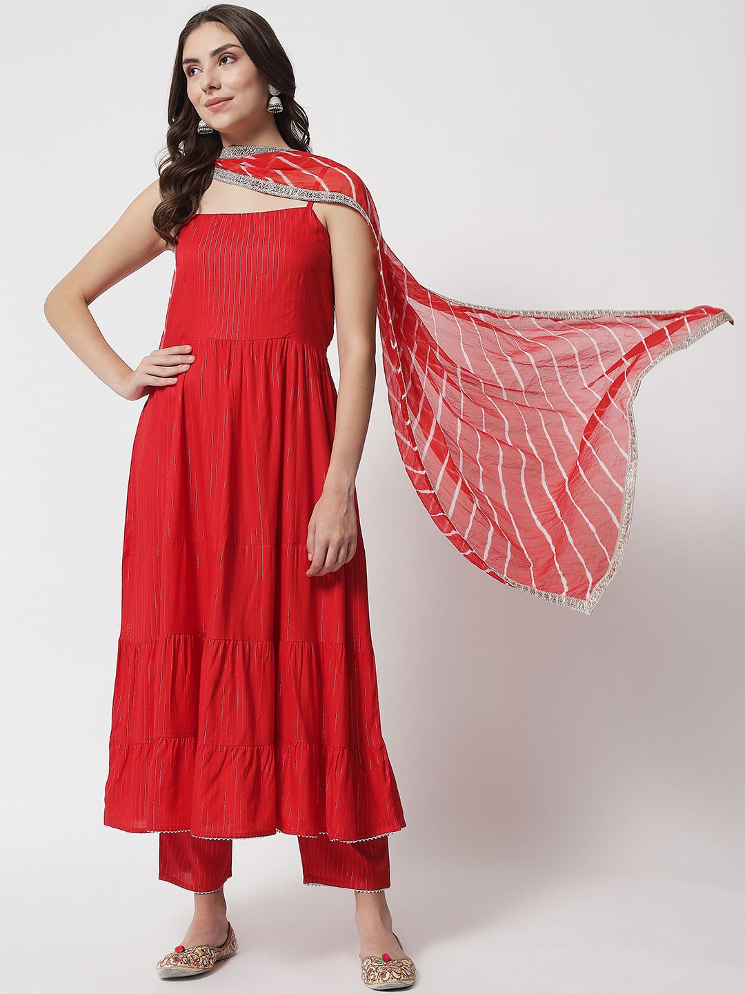 IkDaiya Women Red Ethnic Motifs Striped Empire Kurti with Trousers & With Dupatta Price in India