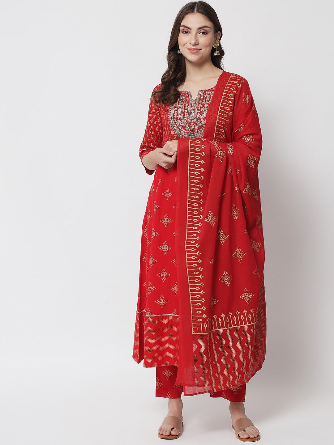 IkDaiya Women Red Ethnic Motifs Printed Kurta with Trousers & With Dupatta Price in India