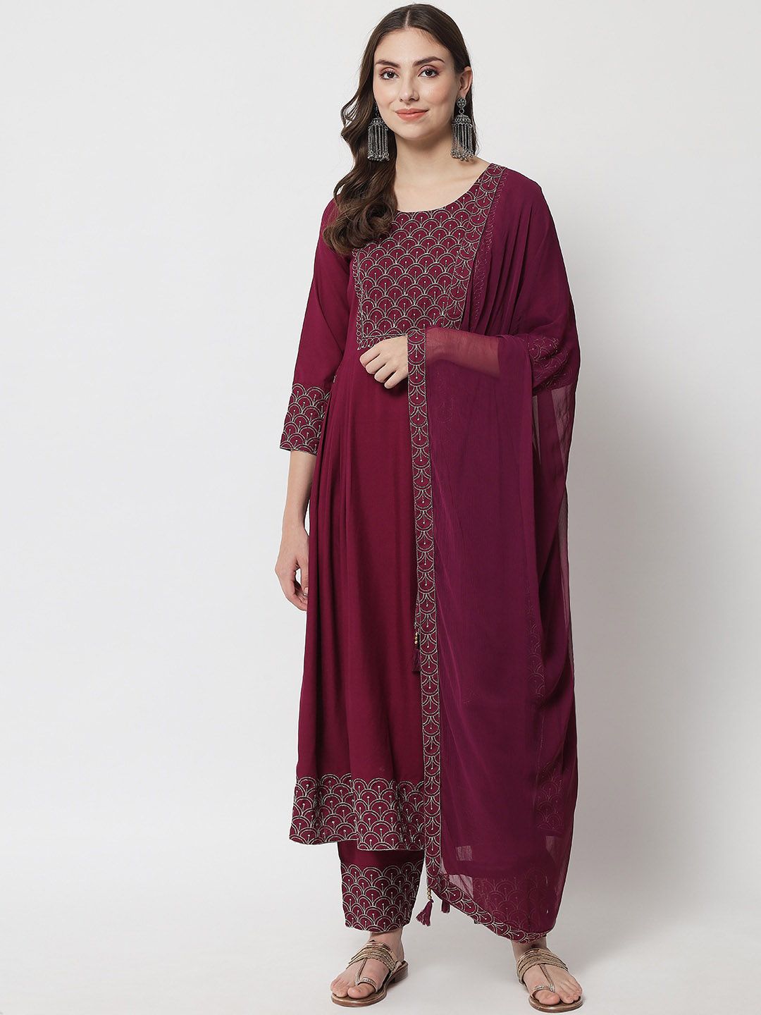 IkDaiya Women Magenta Ethnic Motifs Panelled Kurti with Trousers & With Dupatta Price in India