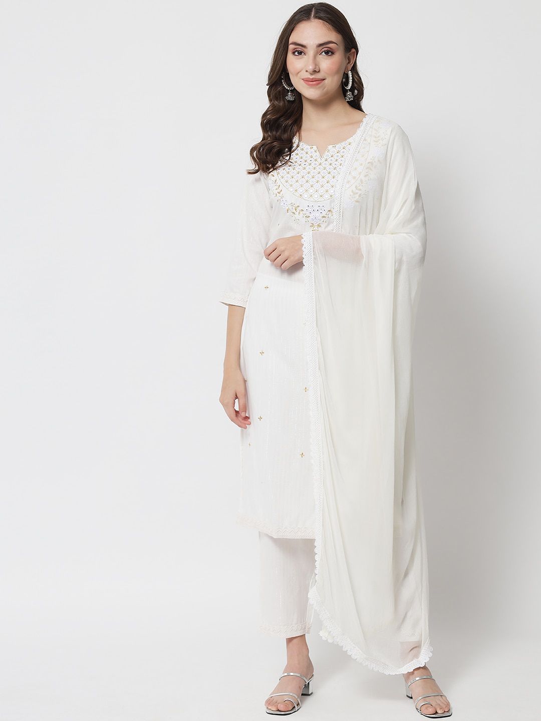 IkDaiya Women Off White Floral Embroidered Kurti with Trousers & With Dupatta Price in India