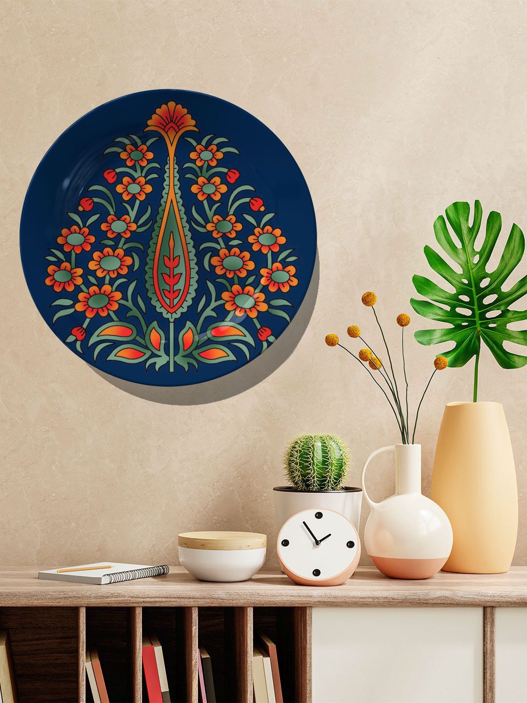 ARTSPACE Blue & Orange Indian Mughal Flower Motif Printed Ceramic Wall Decor Plate Price in India