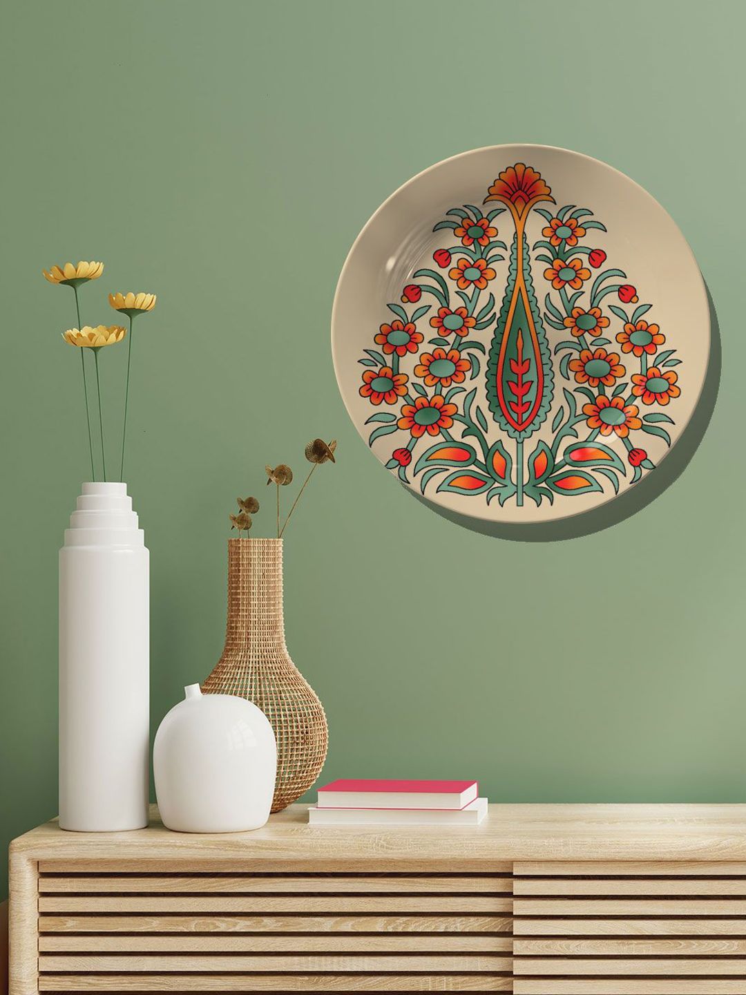 ARTSPACE Beige & Orange Ceramic Indian Mughal Flower Motif Wall Decor Plate Price in India