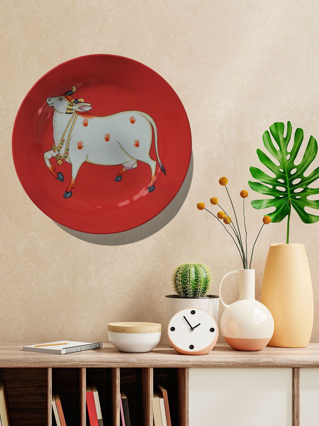 ARTSPACE Red & White Nandi Cow Painted Ceramic Wall Plates Price in India