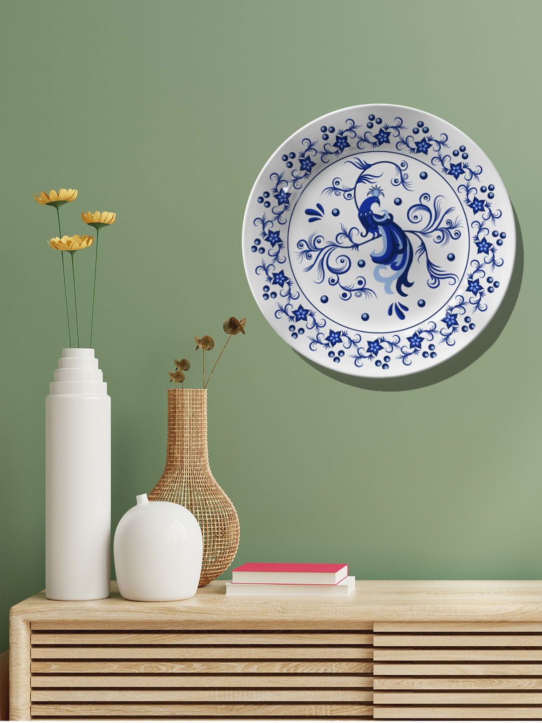 ARTSPACE Blue & White Ornamental Design Blue Peacock Wall Plate Ceramic Wall Decor Price in India