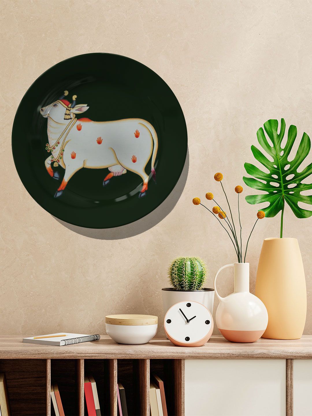 ARTSPACE Black & White Nandi Cow Dancing Printed Ceramic Wall Decor Plate Price in India