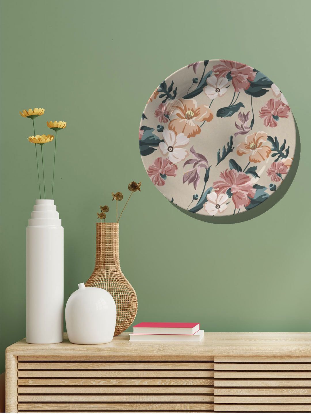 ARTSPACE Beige & Green Floral Painted Decorative Ceramic Wall Plates Price in India