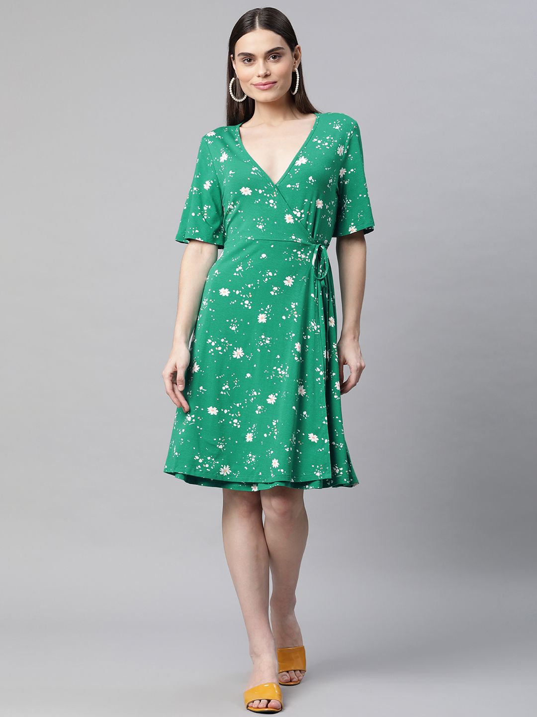Marks & Spencer Green & White Jersey Floral Print Knee-Length Wrap Dress Price in India