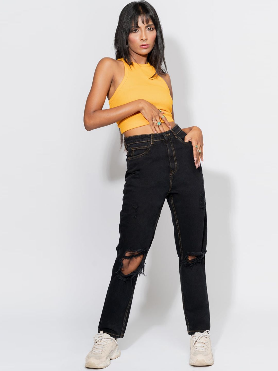 FREAKINS Women Classsic Black High-Rise Mom Fit Cropped Jeans