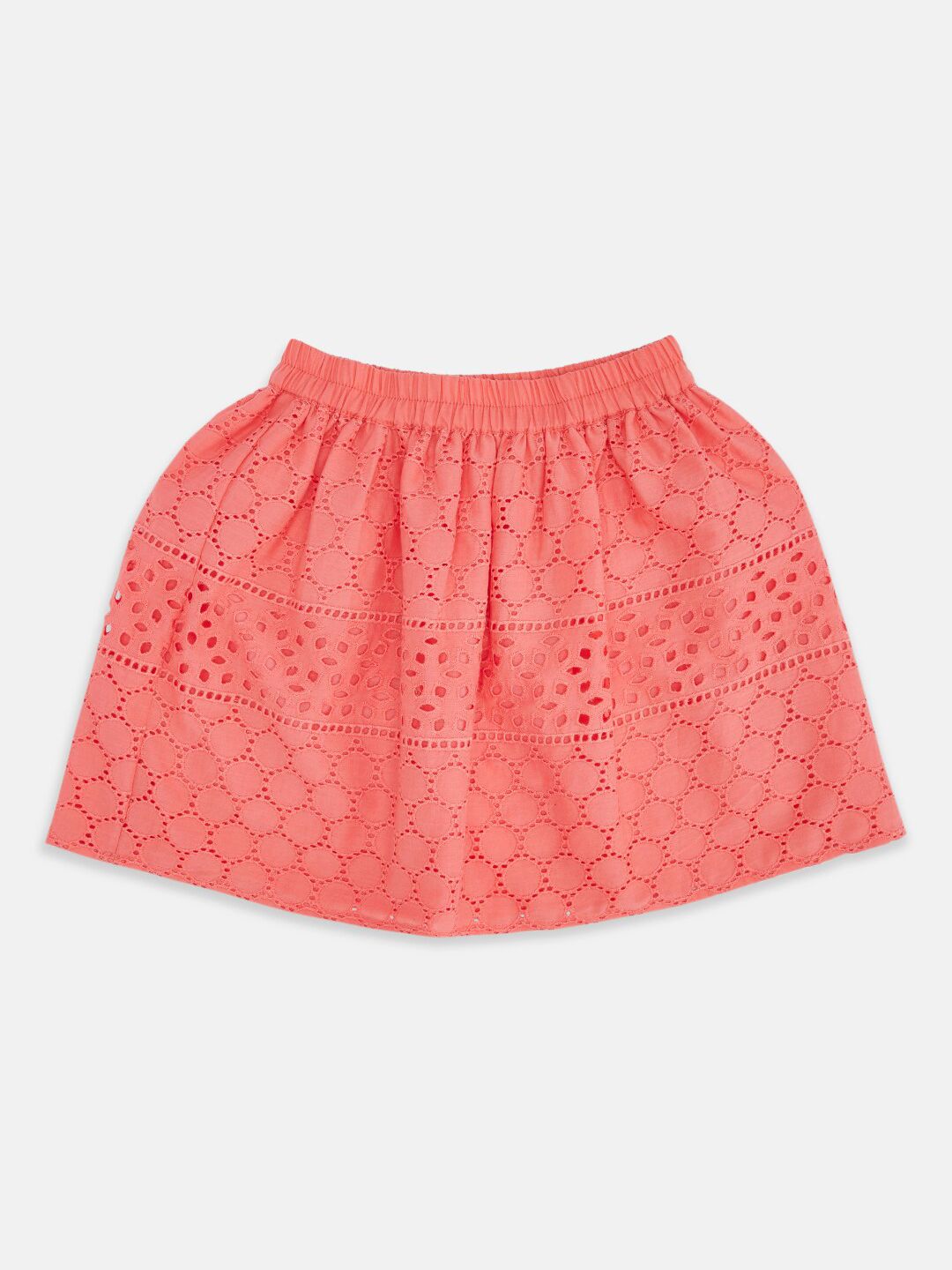 Pantaloons Junior Girls Coral Self-Design Cut Work Flared Above Knee-Length Skirt