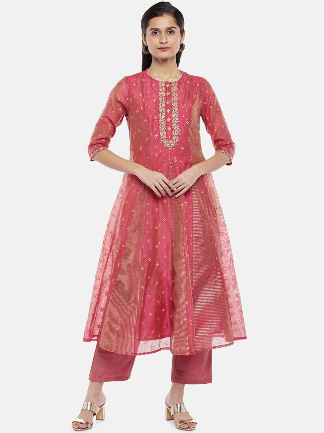 RANGMANCH BY PANTALOONS Women Pink Printed Panelled Chanderi Cotton Kurta Set Price in India