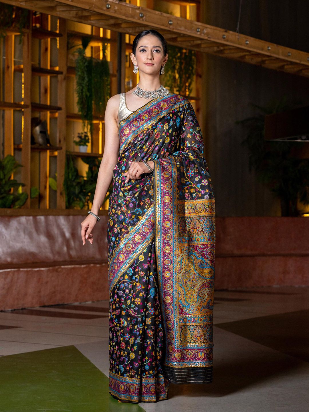 BEATITUDE Black & Blue Floral Silk Blend Saree Price in India