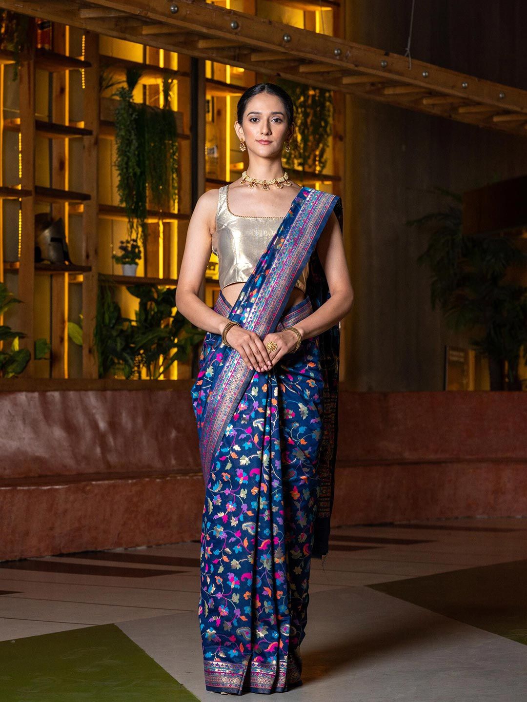 BEATITUDE Blue & Pink Floral Zari Silk Blend Saree Price in India