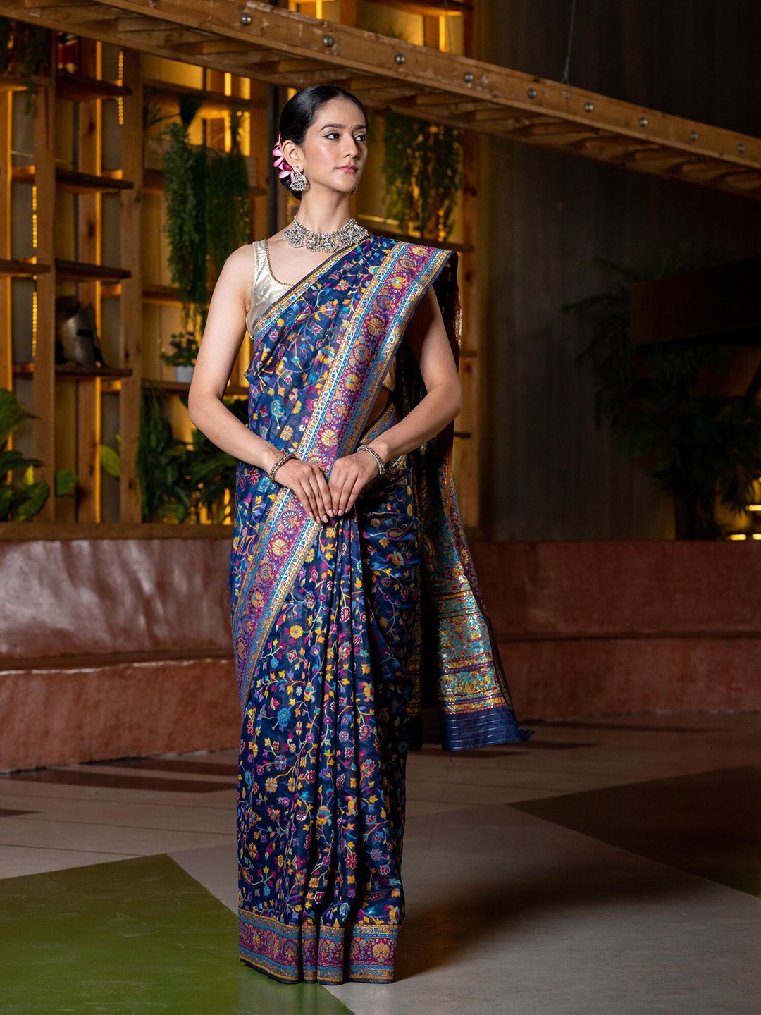 BEATITUDE Navy Blue & Pink Floral Zari Silk Blend Saree Price in India