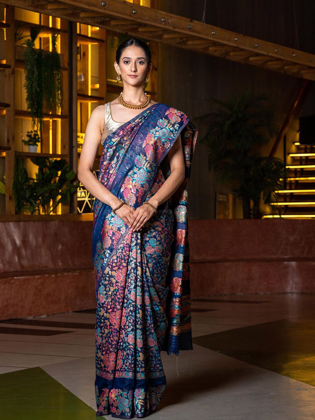 BEATITUDE Blue & Pink Floral Zari Chanderi Cotton Saree Price in India