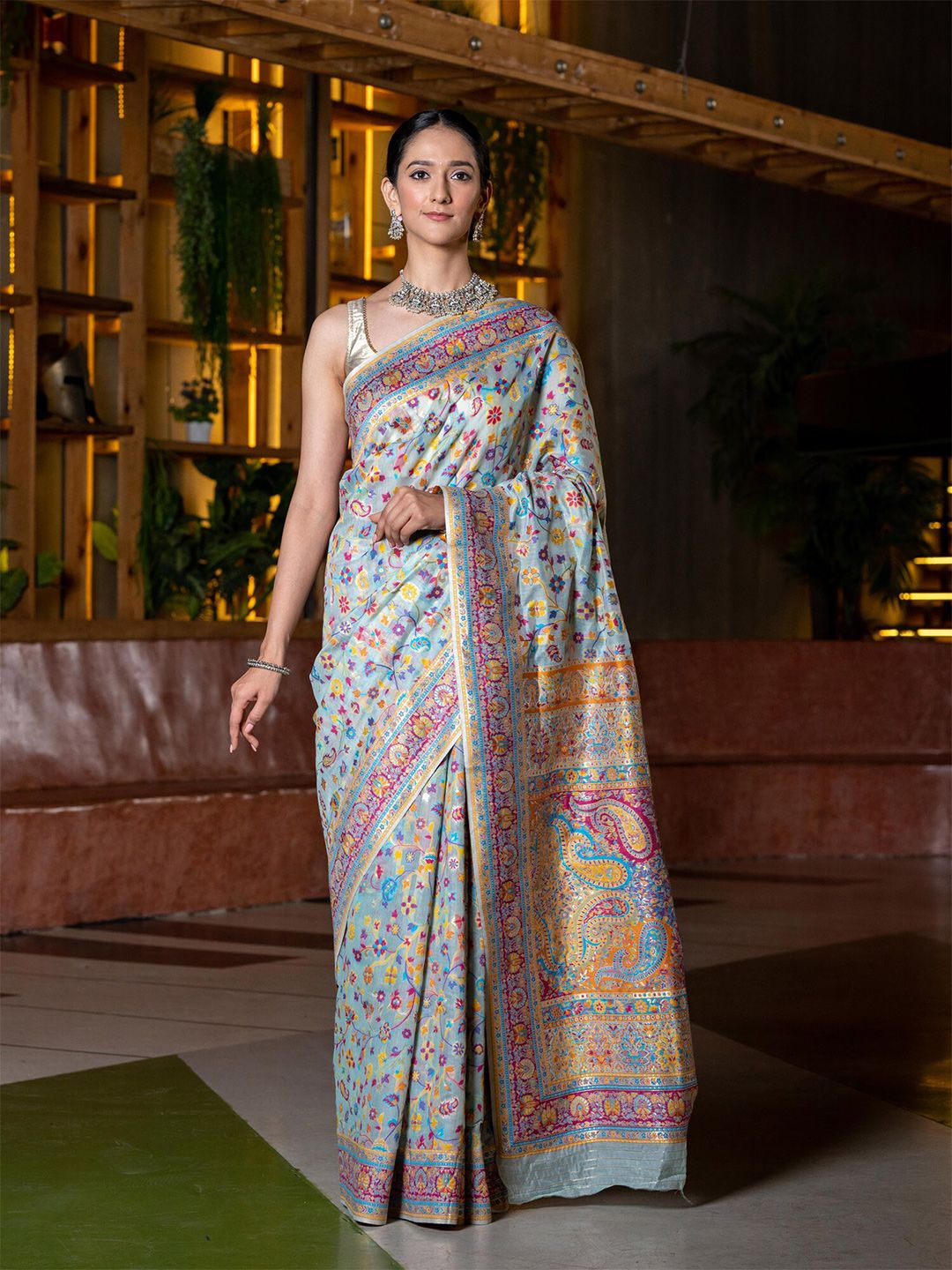 BEATITUDE Cream-Coloured & Blue Floral Silk Blend Saree Price in India