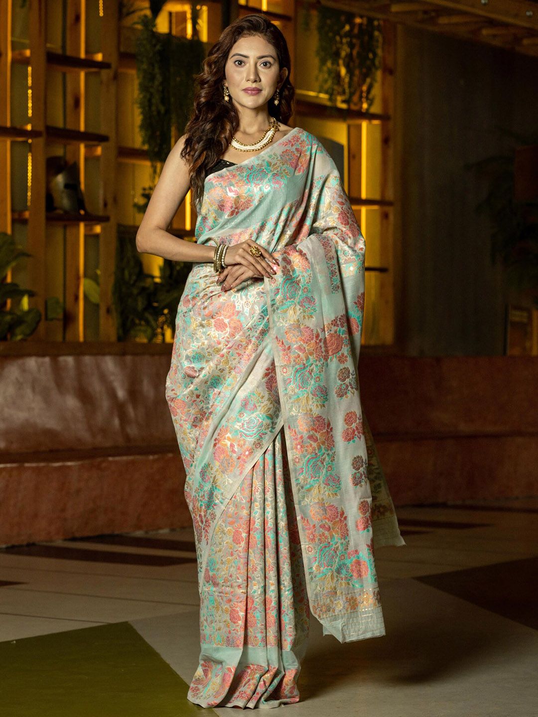 BEATITUDE Green & Peach-Coloured Floral Chanderi Cotton Saree Price in India