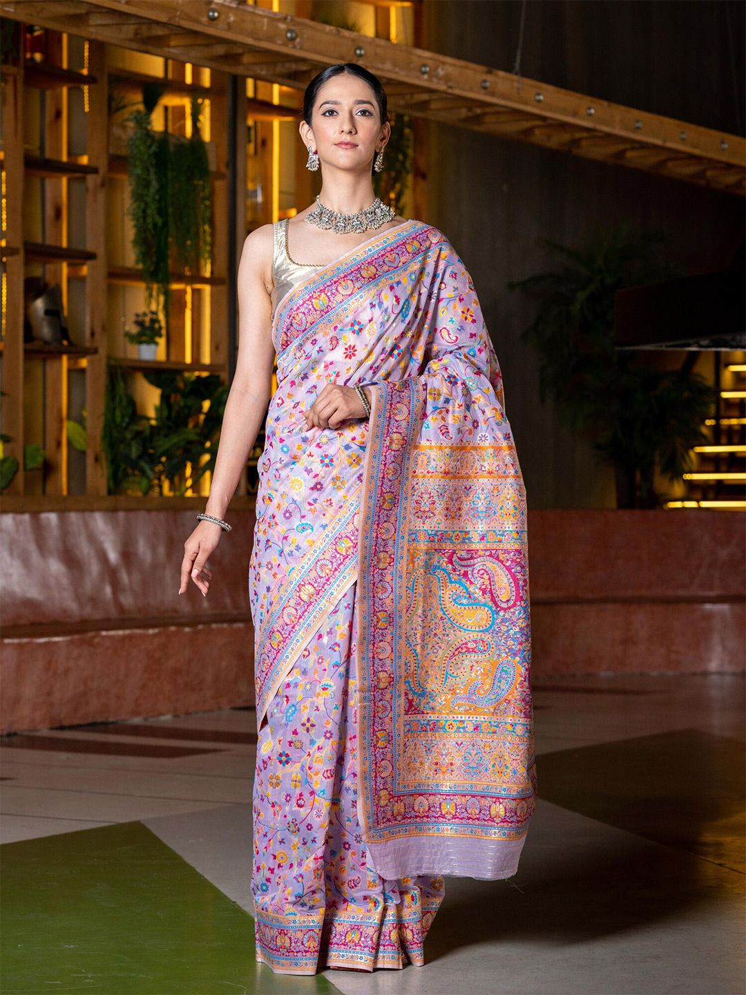 BEATITUDE Lavender & Pink Floral Silk Blend Saree Price in India