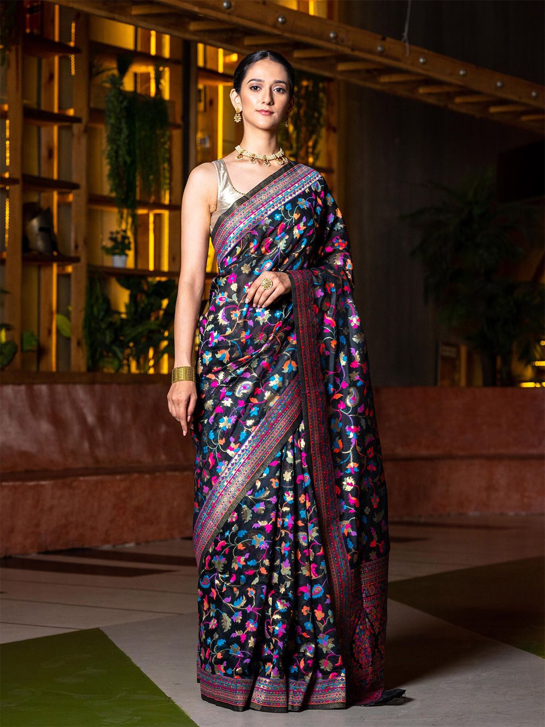 BEATITUDE Black & Blue Ethnic Motifs Zari Silk Blend Saree Price in India