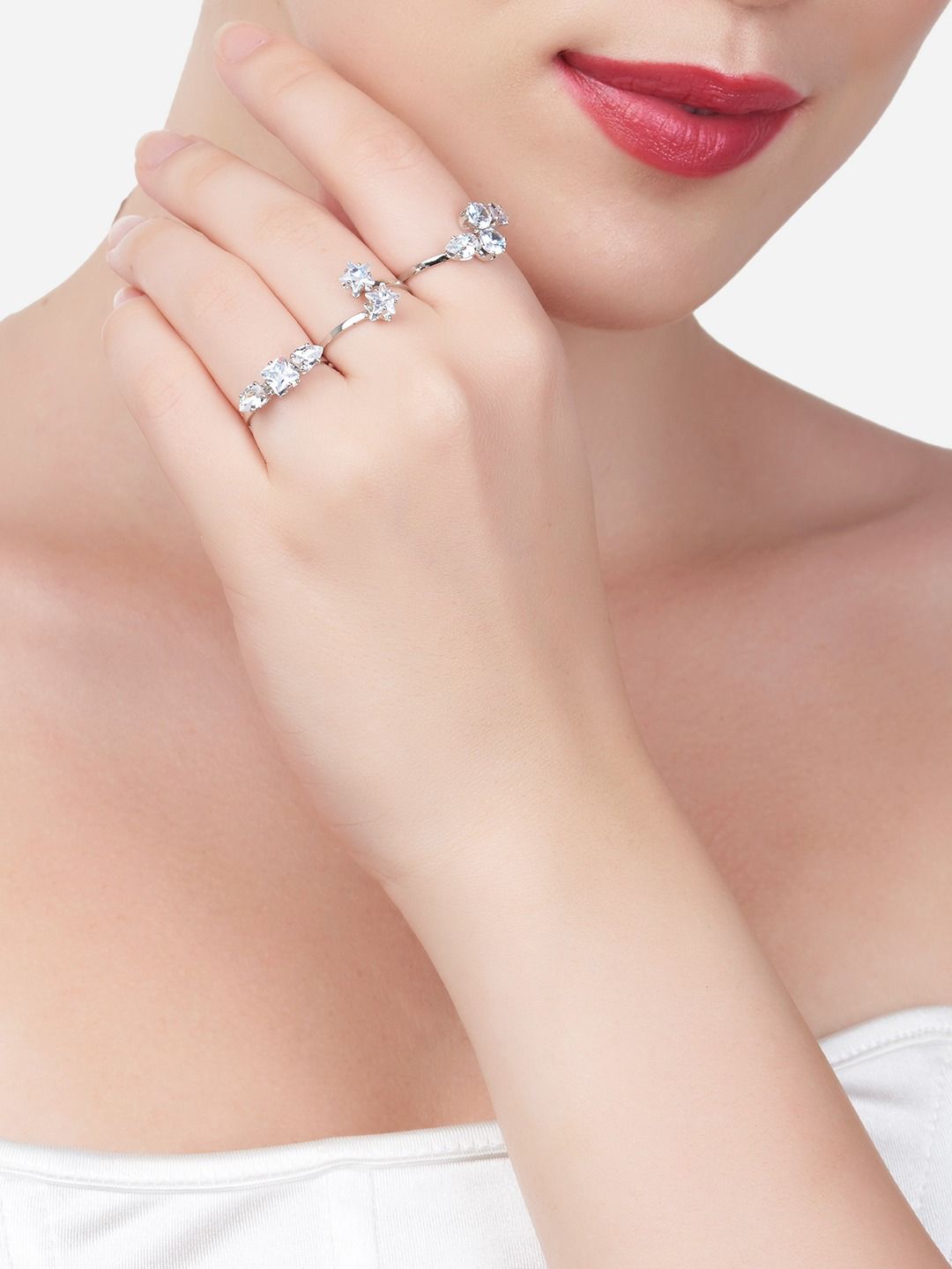 Zaveri Pearls Set Of 3 Silver-Plated White Stone-Studded Finger Rings Price in India