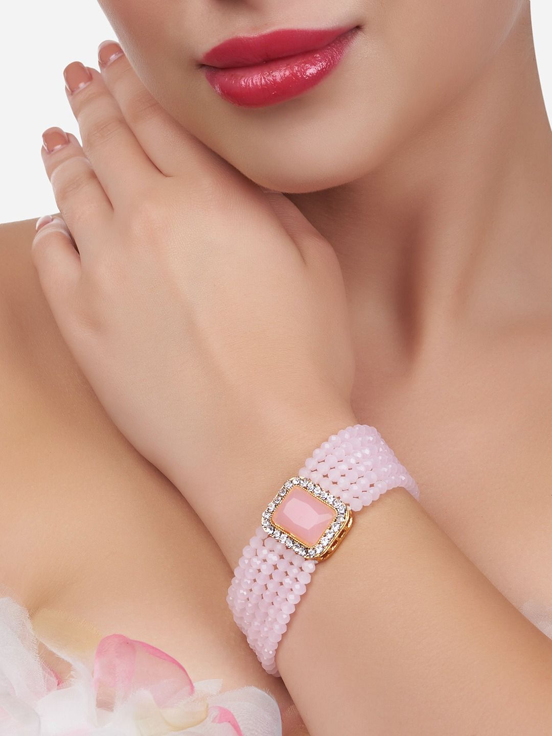 Zaveri Pearls Women Gold-Plated White & Pink Crystral Beaded Multistrand Bracelet Price in India