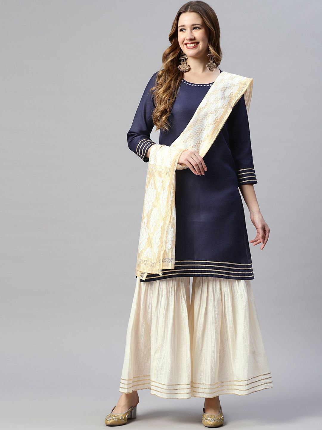 RAJGRANTH Women Blue Ethnic Motifs Embroidered Layered Kurti with Sharara & With Dupatta Price in India