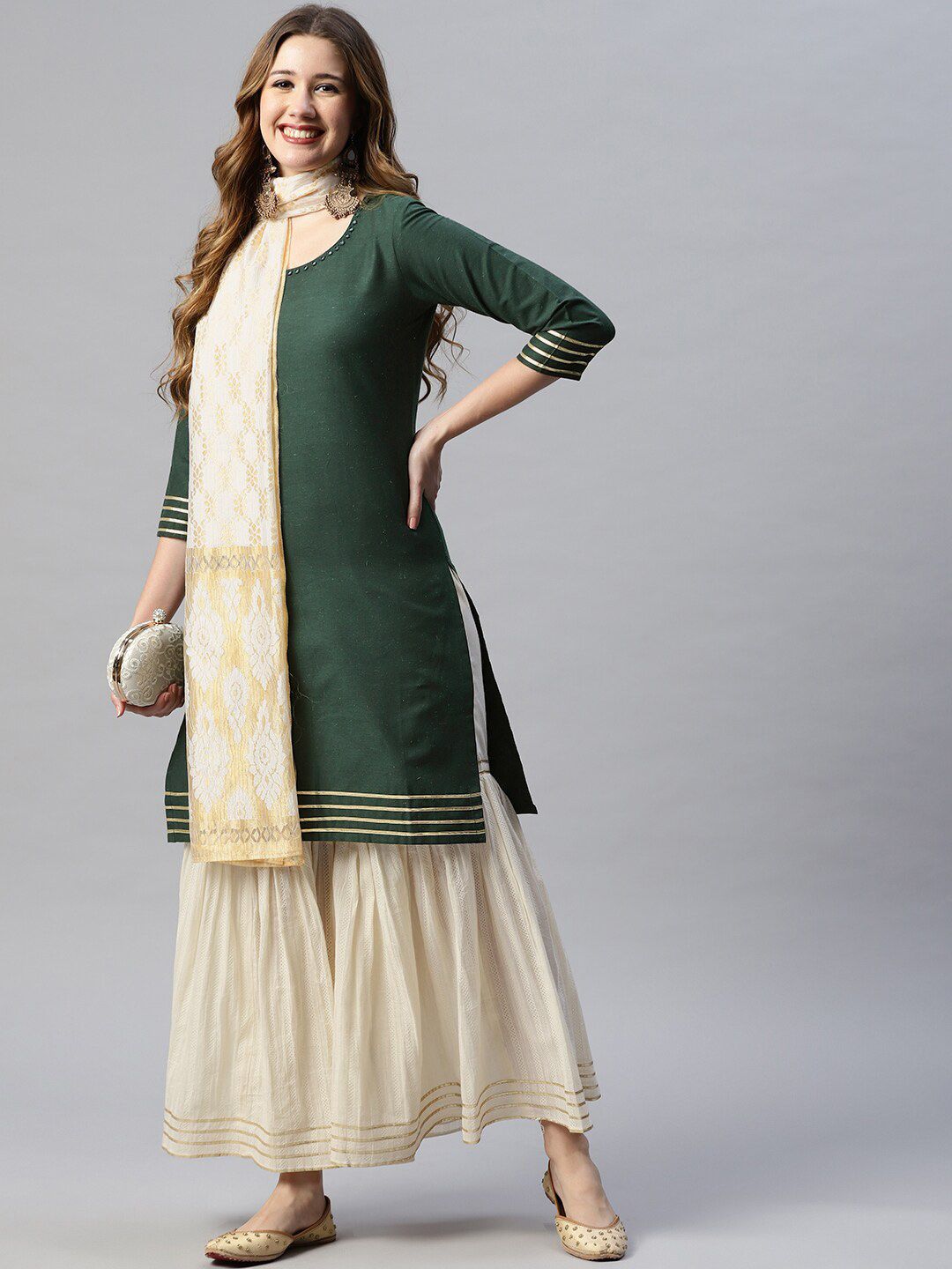 RAJGRANTH Women Green & Cream-Coloured Gotta Patti Kurta with Sharara & With Dupatta Price in India