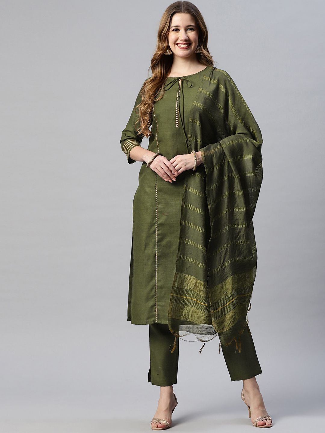 RAJGRANTH Women Green & Gold Gotta Patti Kurta with Trousers & With Dupatta Price in India