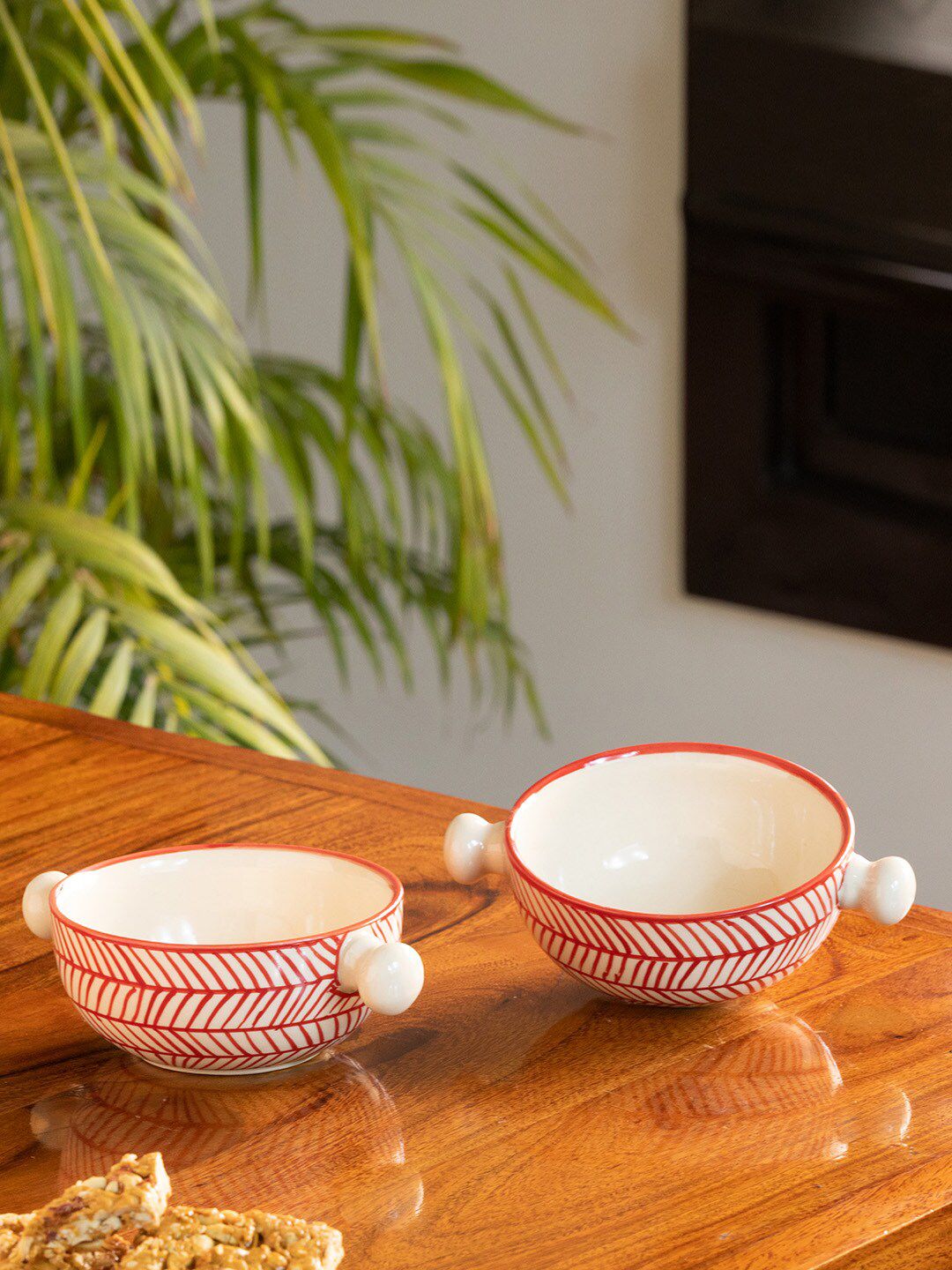 ExclusiveLane Red & Cream-Coloured Set of 2 Pieces Hand Painted Printed Ceramic Glossy Bowls Price in India