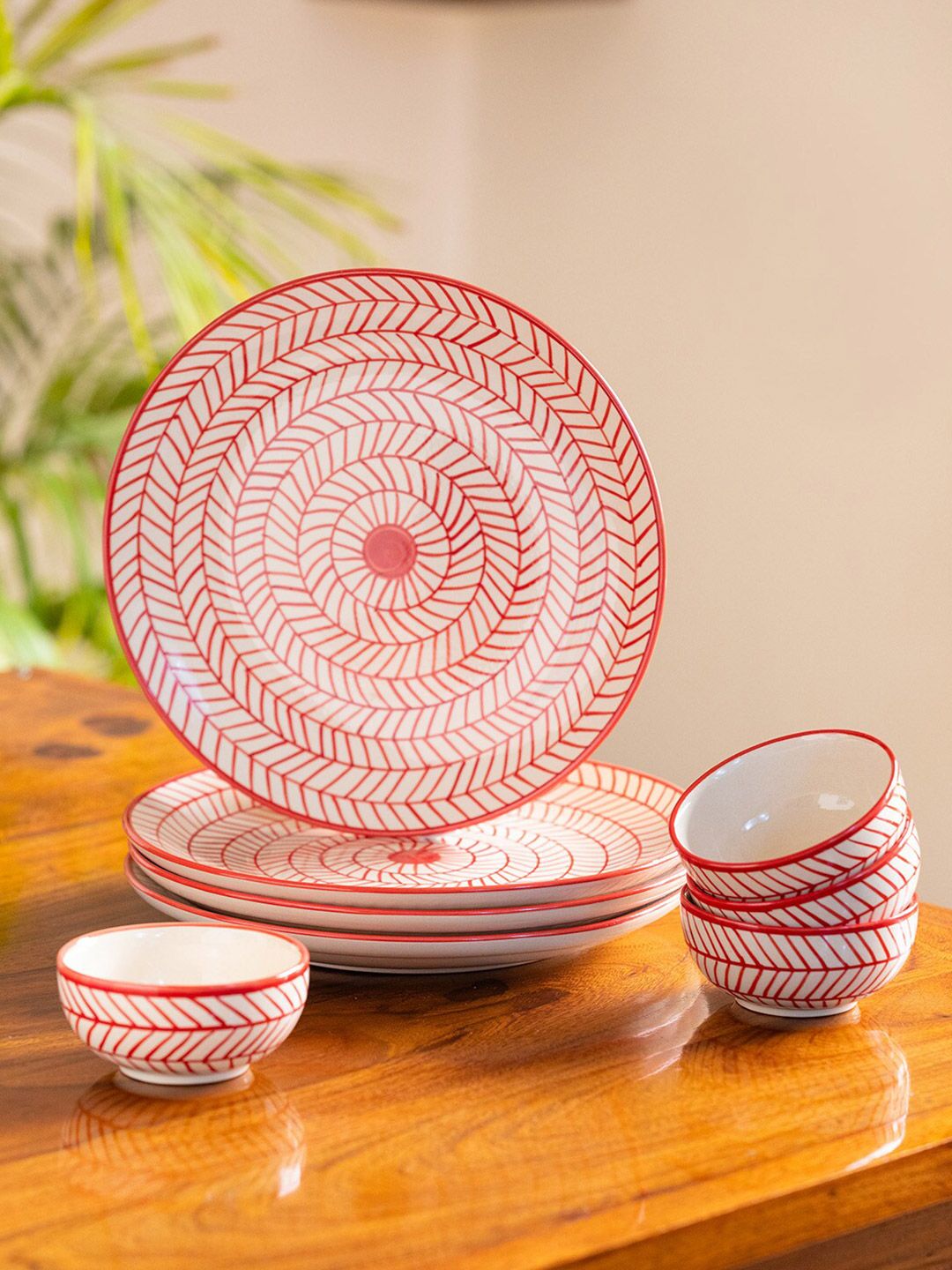 ExclusiveLane Red & White 8 Pieces Printed Ceramic Glossy Dinner Set Price in India