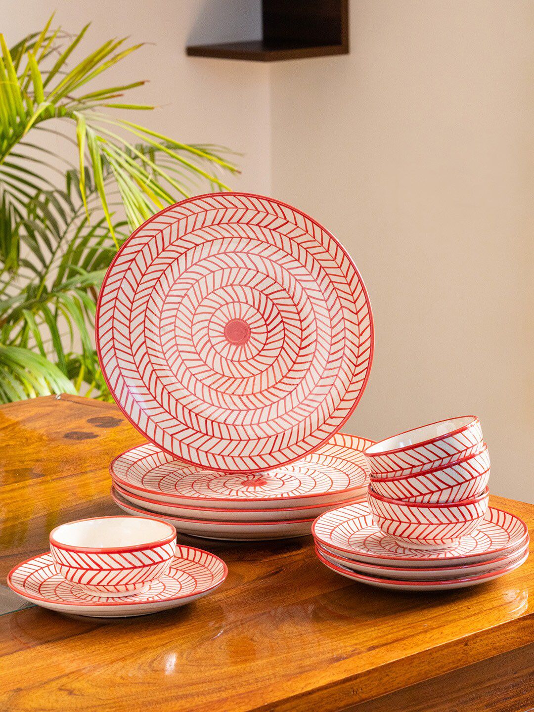 ExclusiveLane Red & White 12 Pieces Handcrafted and Hand Painted Printed Ceramic Glossy Dinner Set Price in India