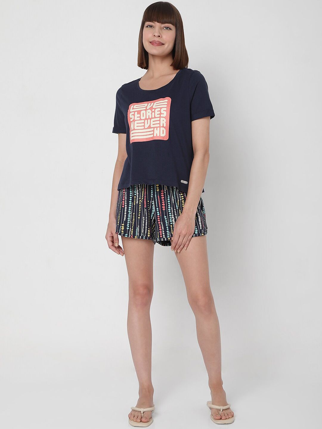 VERO MODA EASE Women Navy Blue & Yellow Printed Shorts Night suit Price in India