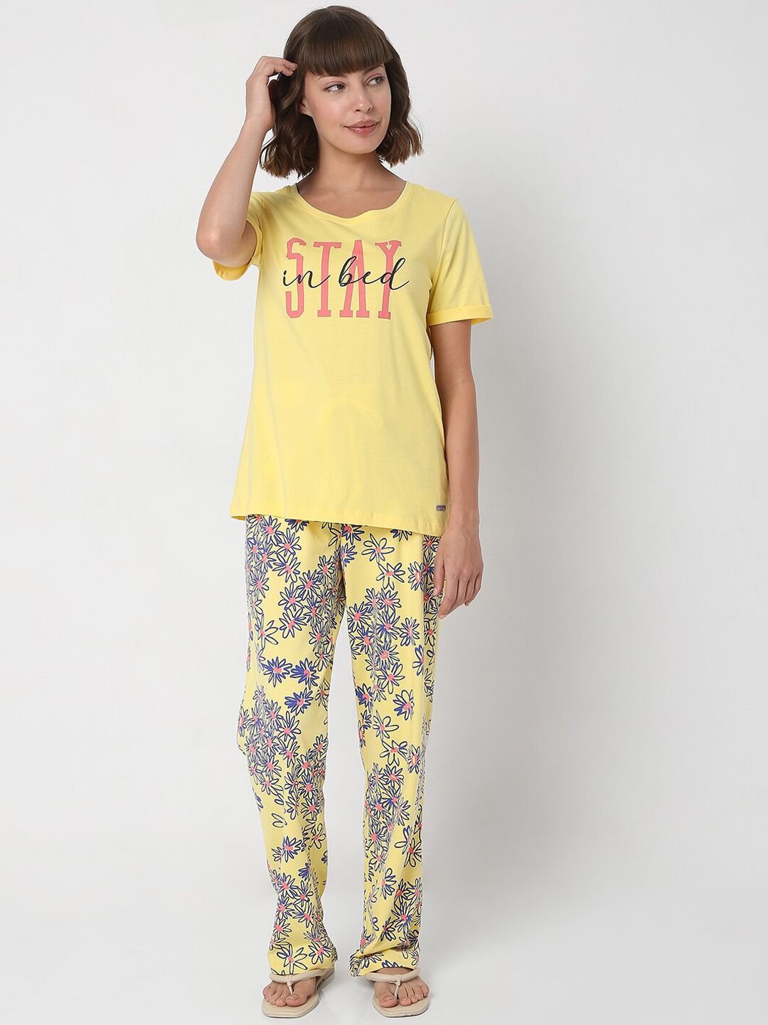 VERO MODA EASE Women Yellow & Blue Printed Night suit Price in India