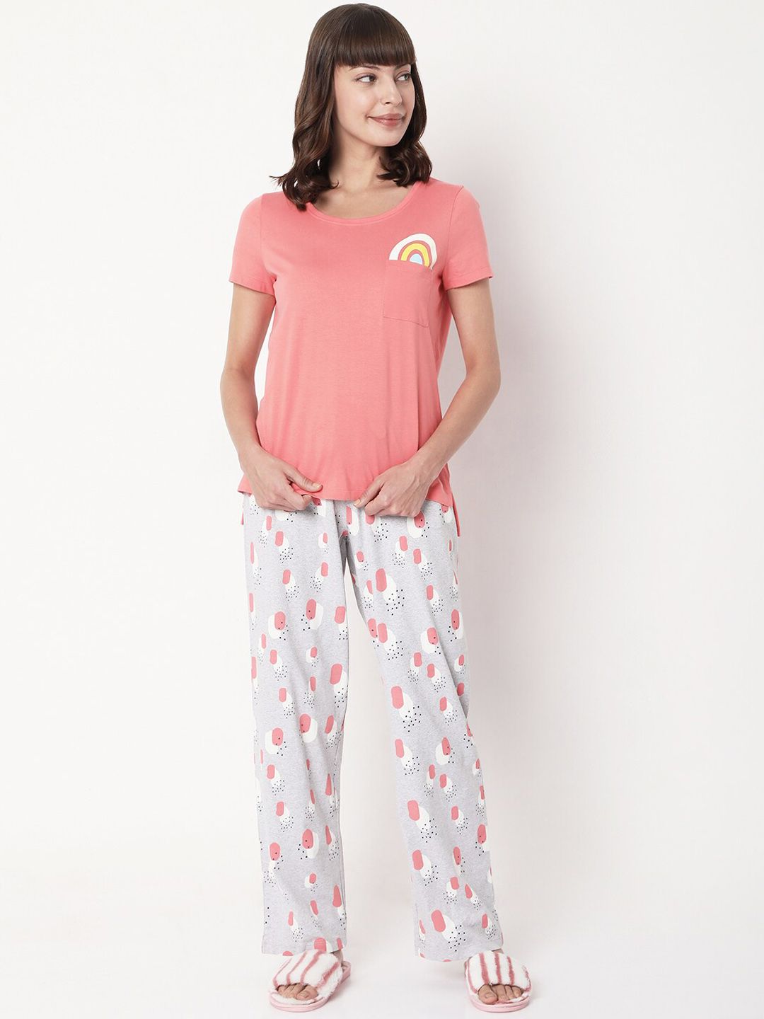 VERO MODA EASE Women Pink & White Printed Night suit Price in India