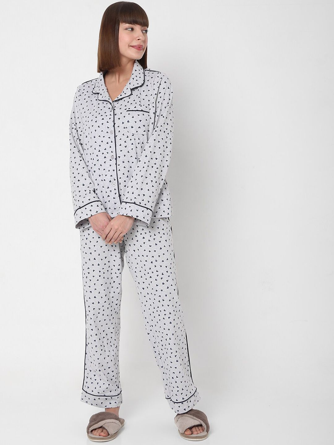 VERO MODA EASE Women Grey & Blue Printed Night suit Price in India