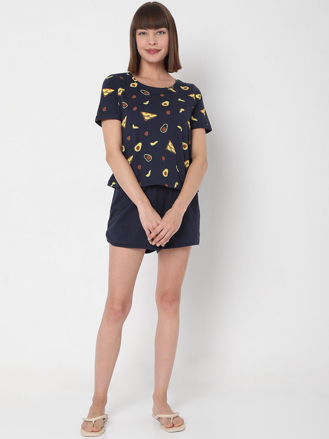 VERO MODA EASE Women Navy Blue & Yellow Printed Night Suit Price in India