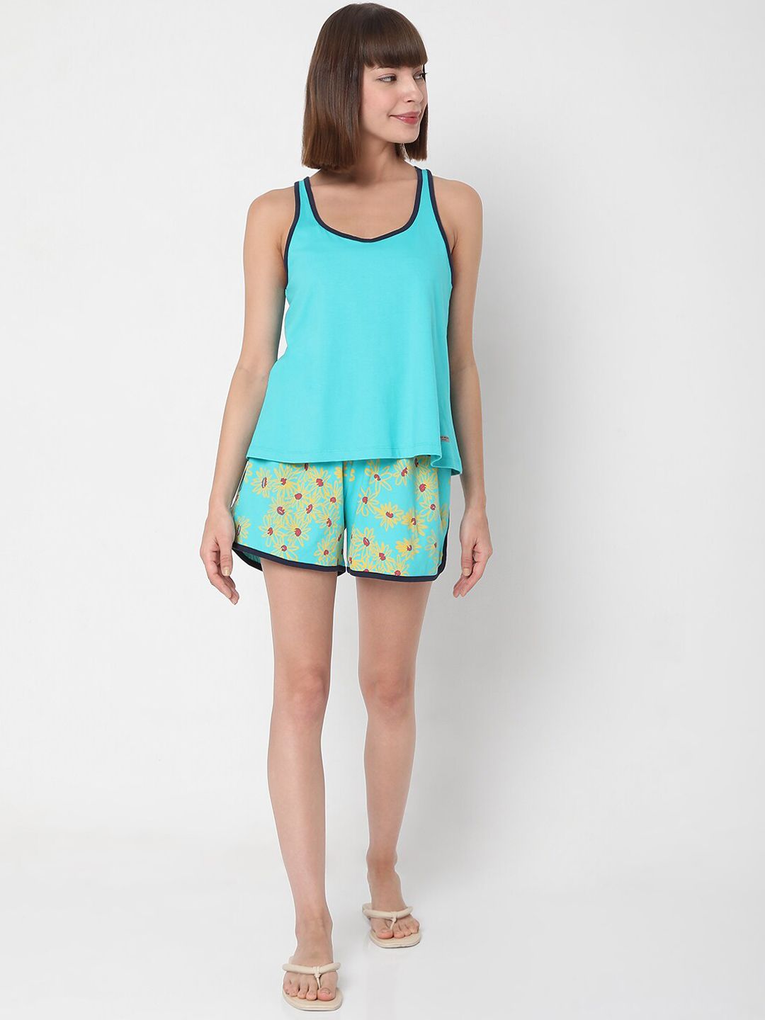 VERO MODA EASE Women Blue & Yellow Printed Shorts Night suit Price in India