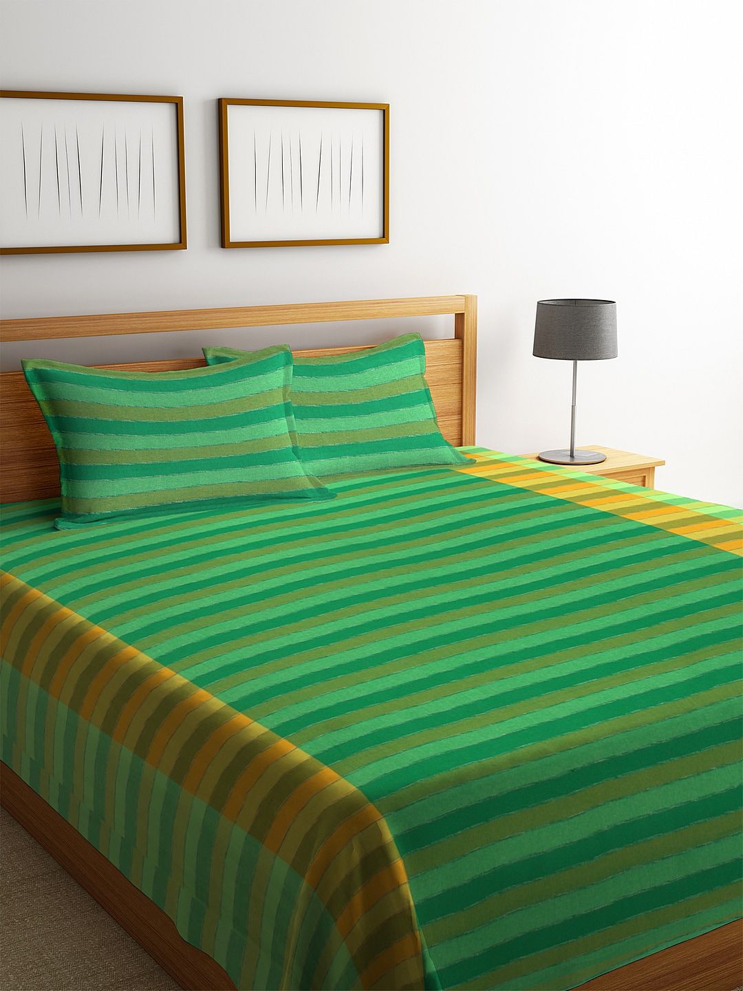 KLOTTHE Green Woven Design Striped Cotton Double King Bed Cover with 2 Pillow Covers Price in India