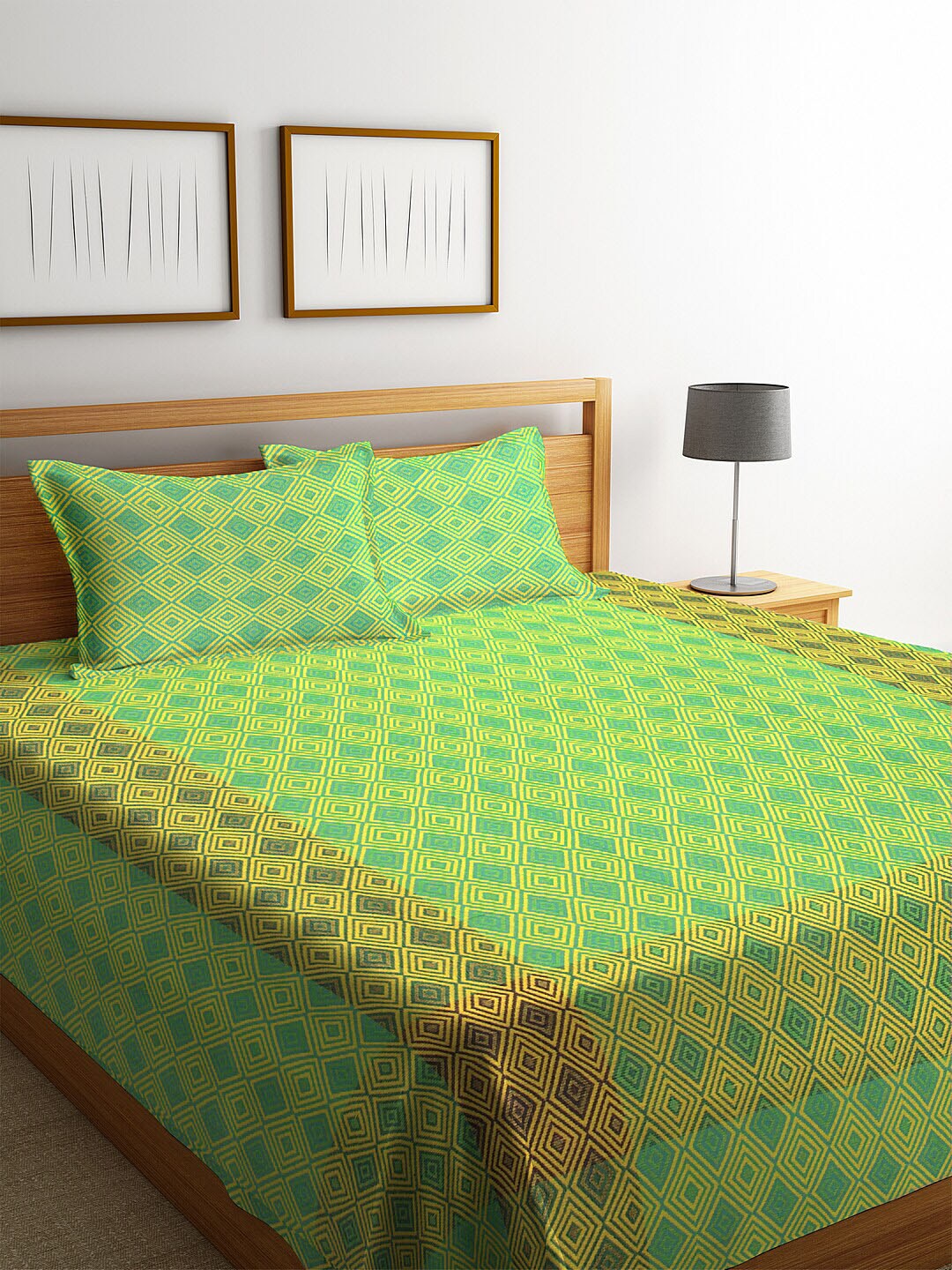 KLOTTHE Green & Yellow Woven Design Cotton Double Bed Cover with 2 Pillow Covers Price in India
