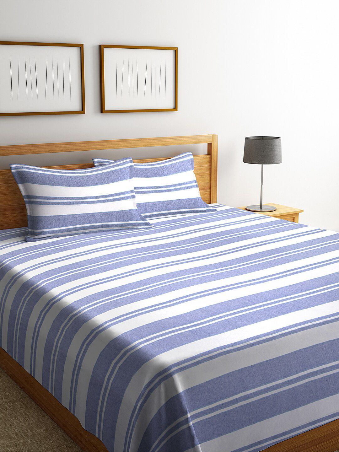 KLOTTHE Blue & White Striped Cotton Double King Bed Cover with 2 Pillow Covers Price in India