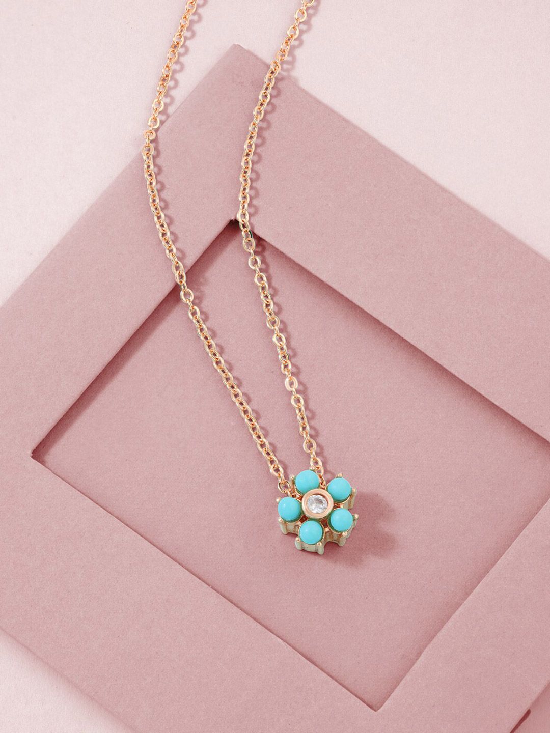 MINUTIAE Rose Gold-Plated & Turquoise Blue Beaded Brass Necklace Price in India