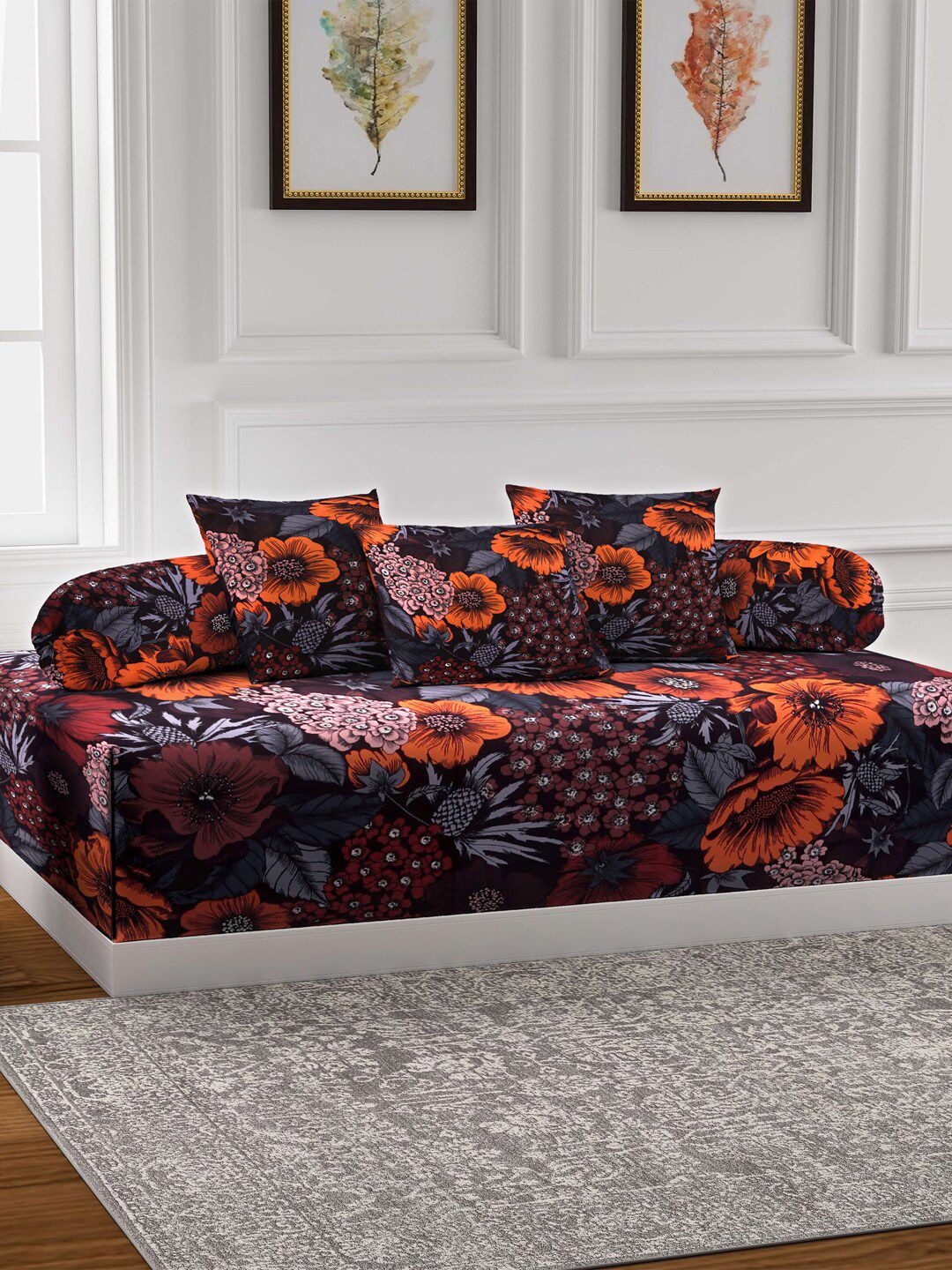 KLOTTHE Set Of 6 Brown Printed Diwan Set With Bolster & Cushion Covers Price in India