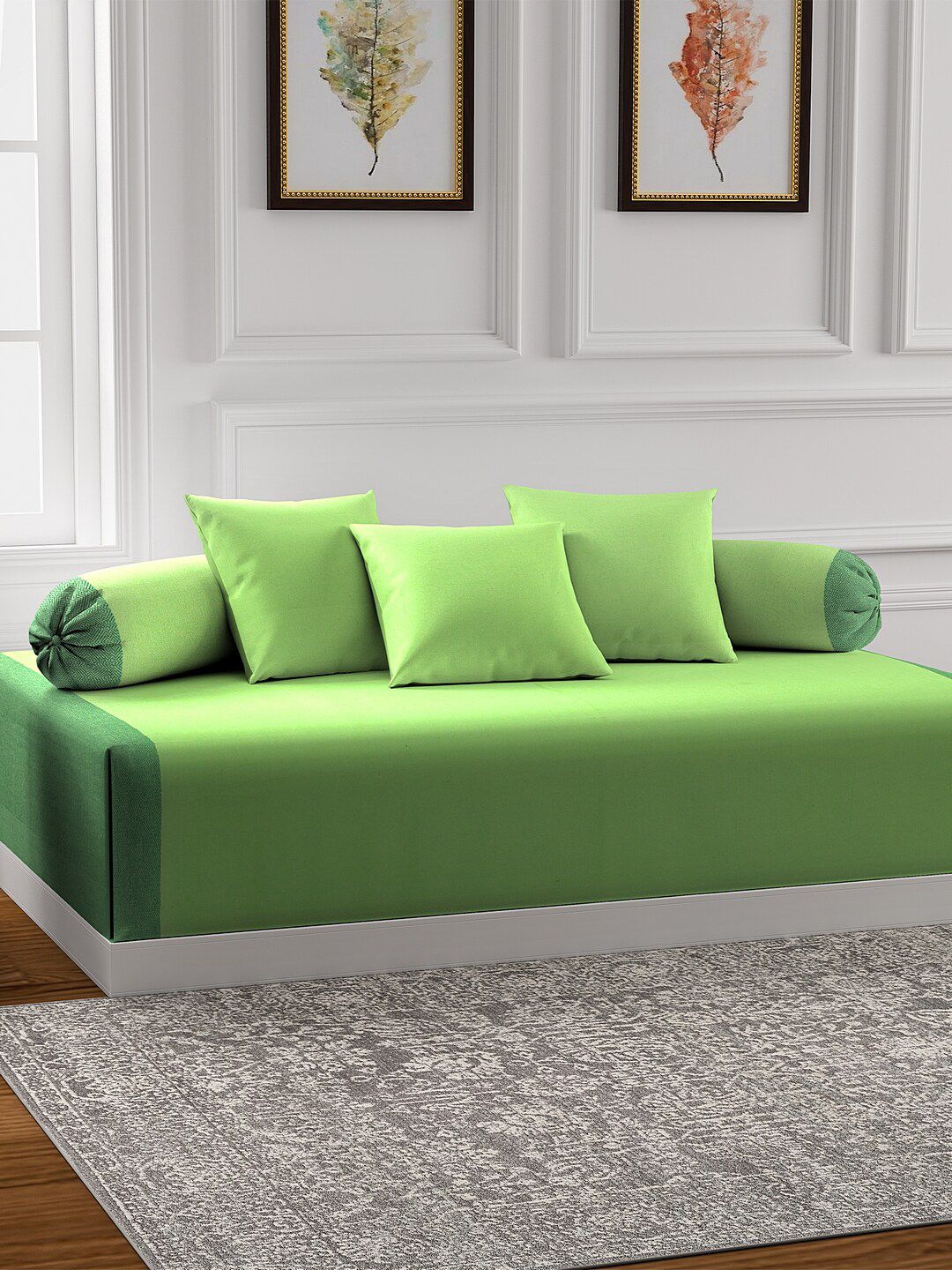 KLOTTHE  Set Of 6 Green Solid Cotton Diwan Set With Bolster & Cushion Covers Price in India