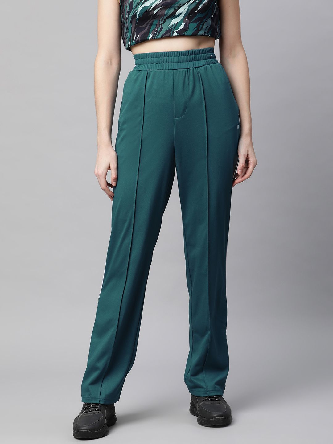Marks & Spencer Women Teal Green Solid Mid-Rise Straight Fit Side Stripe Track Pants Price in India