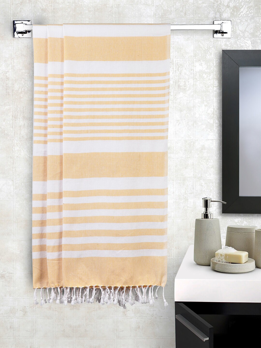KLOTTHE Unisex Set of 3 Yellow & White Striped 233 GSM Bath Towels Price in India