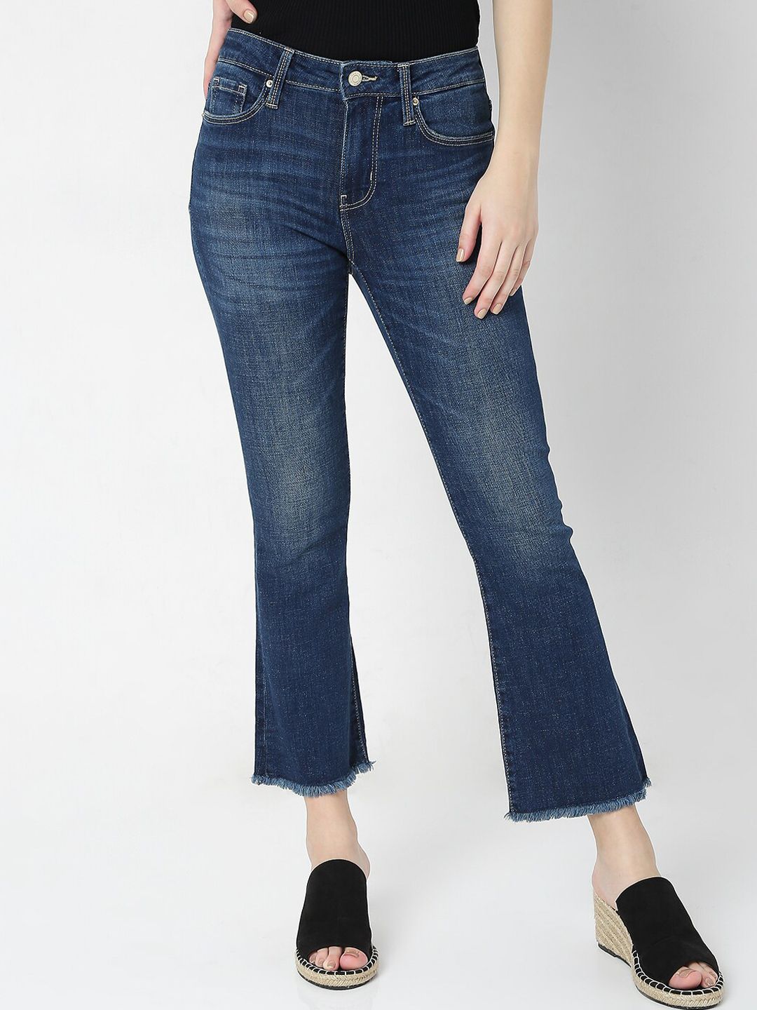 Vero Moda Women Blue Bootcut High-Rise Low Distress Light Fade Jeans Price in India